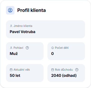 Karta Profil klienta v Penzefix.ai.