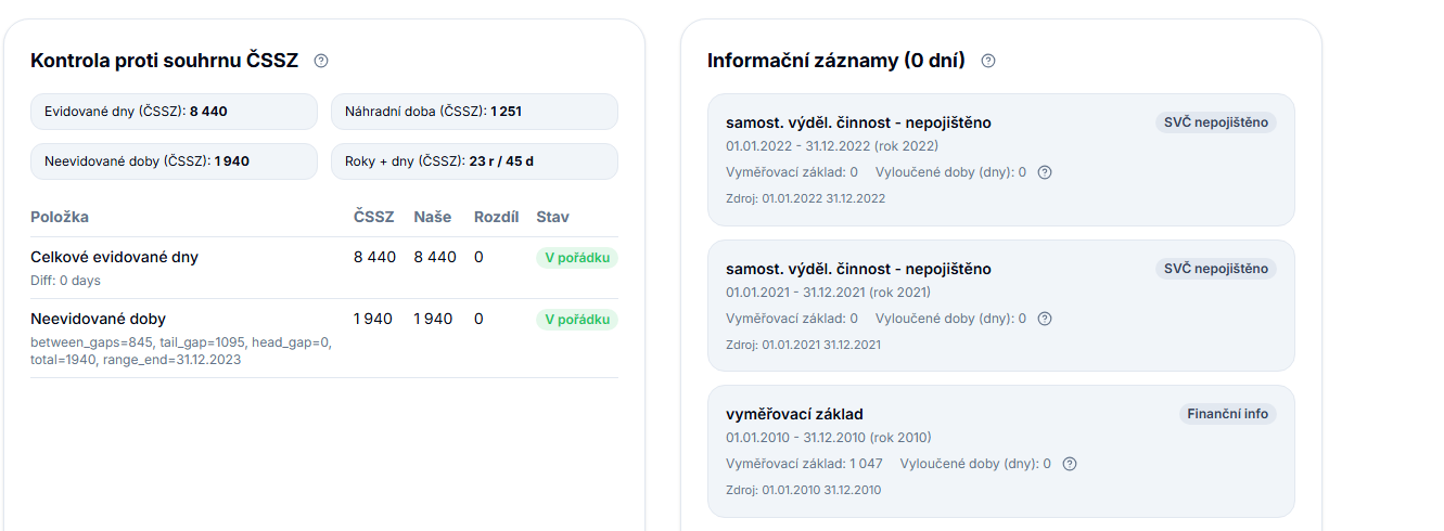 Kontrola proti souhrnu ČSSZ a informační záznamy v Penzefix.ai.