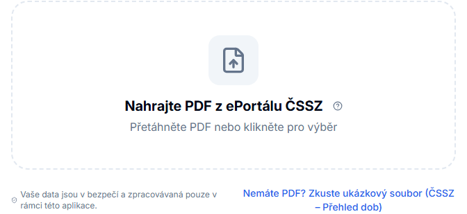 Obrazovka ručního nahrání PDF z ePortálu ČSSZ v Penzefix.ai.